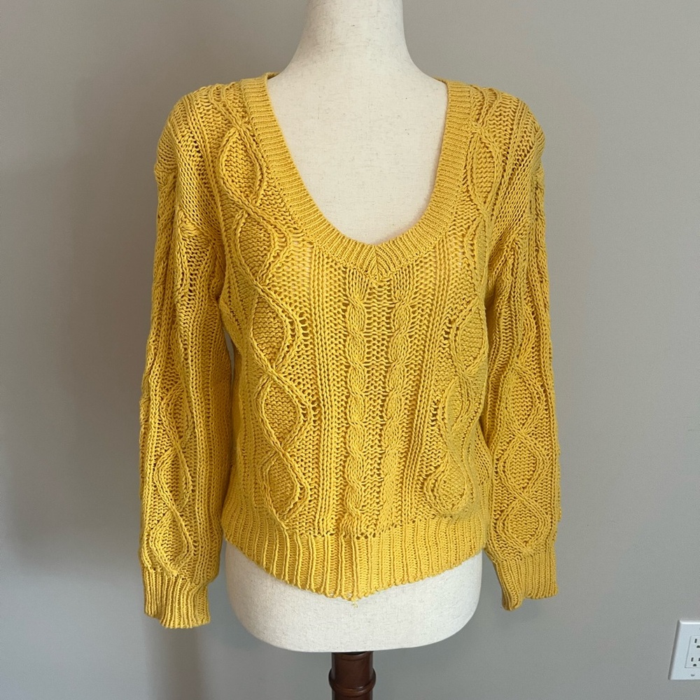 Vintage V-Neck Cable Knit Sweater in Mustard Yellow